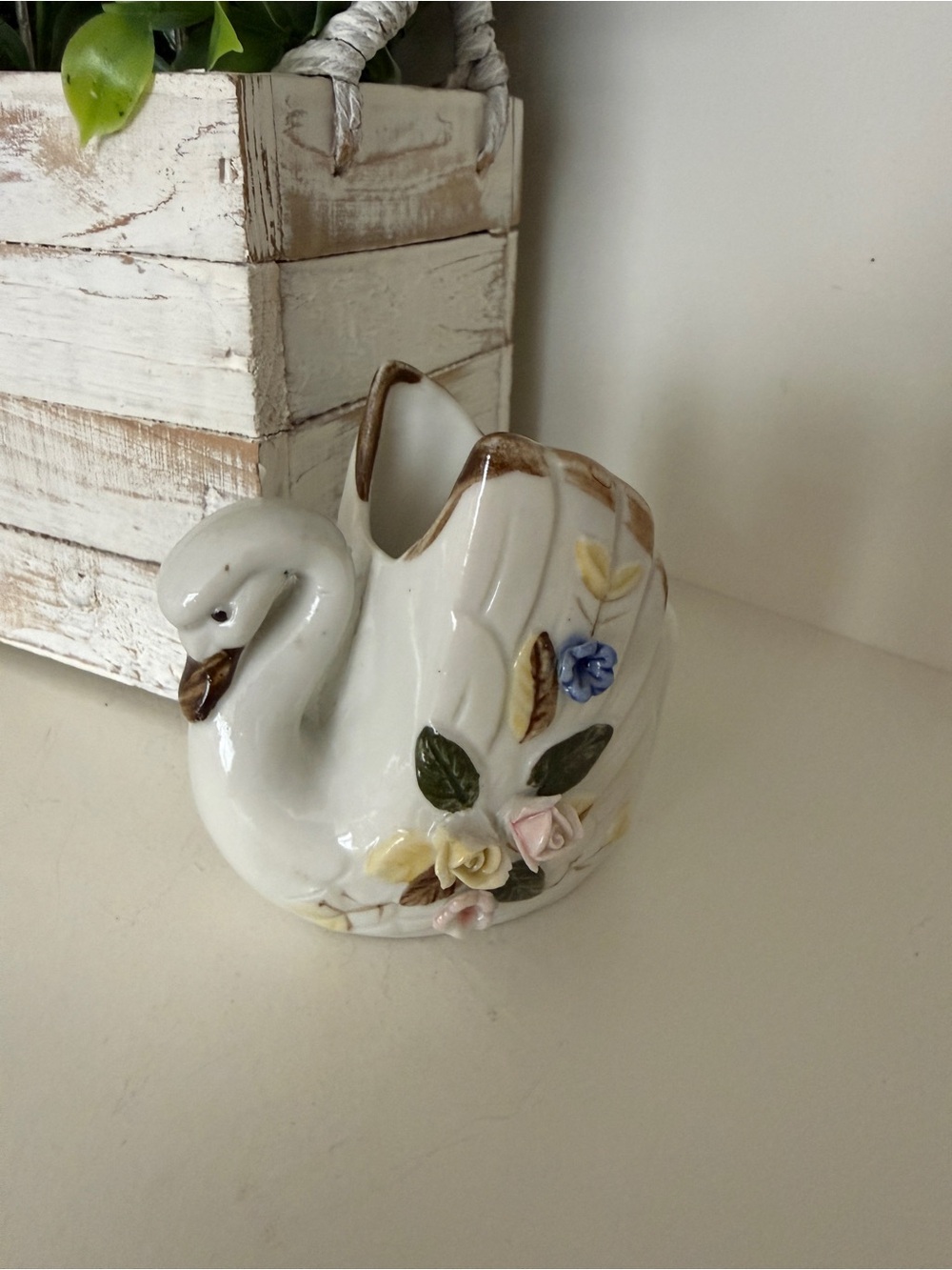 Mini White Swan Figurine Planter w Multi-Colored Flowers Vintage